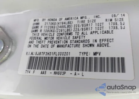 2015 Honda Crosstour Ex from USA, damaged, VIN 5J6TF3H31FL000201